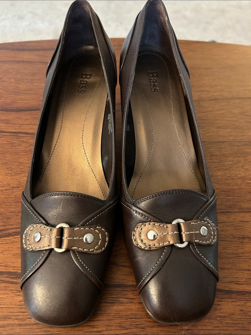 Bass Women's Dark Brown Leather Buckle Heels